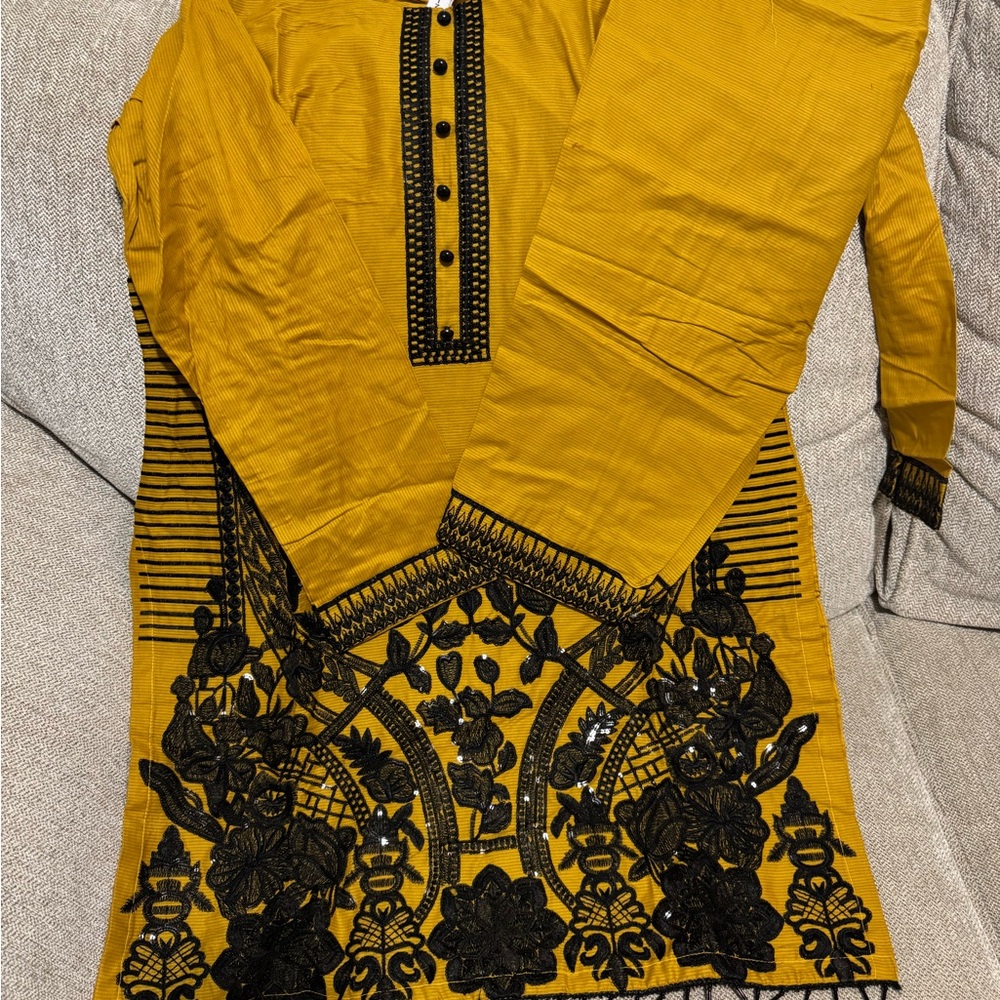 Mustard Yellow Kurta with Black Embroidery